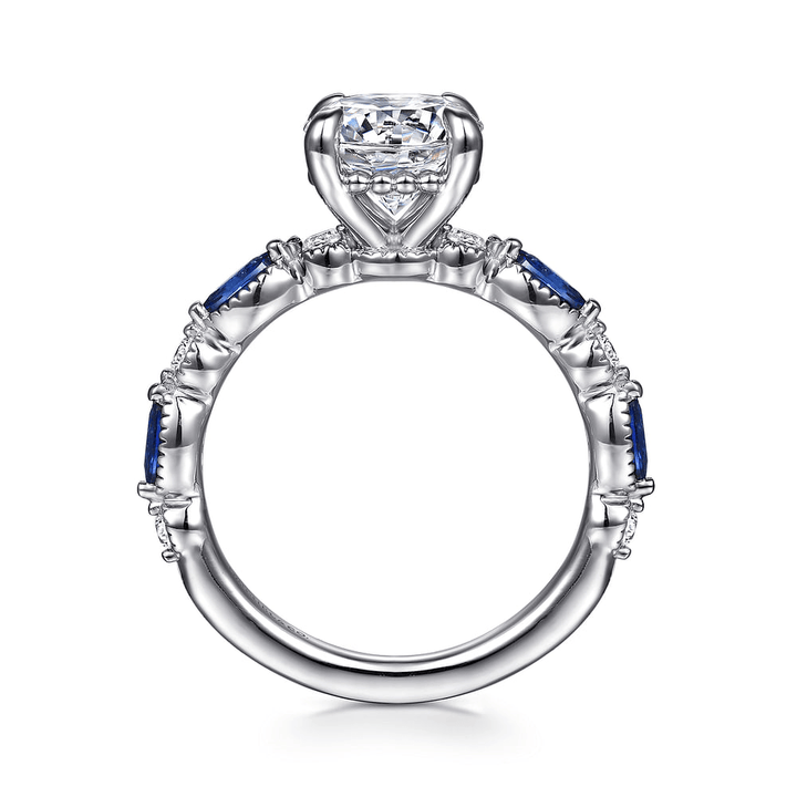 14K White Gold Accented Vintage Round Diamond and Sapphire Semi-Mount Ring 0.15CTW.
