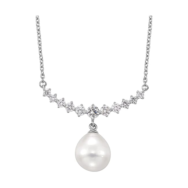 Sterling Silver FreshWater  Pearl & Cubic Zirconia Curved Cluster Necklace