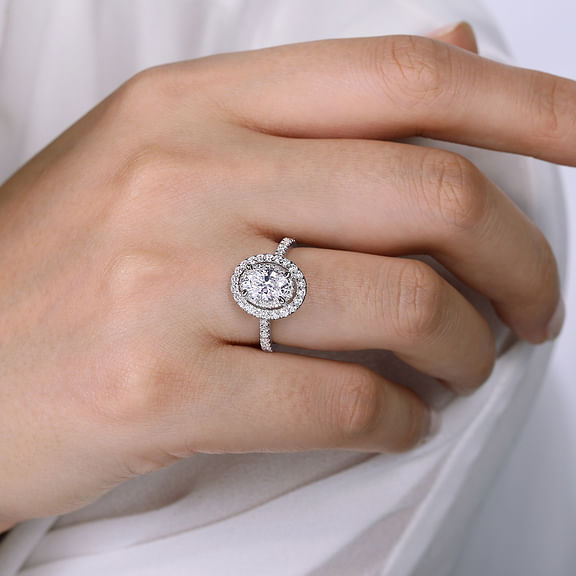 14K White Gold Double Halo Accented Oval Diamond Semi-Mount Ring 0.54CTW.