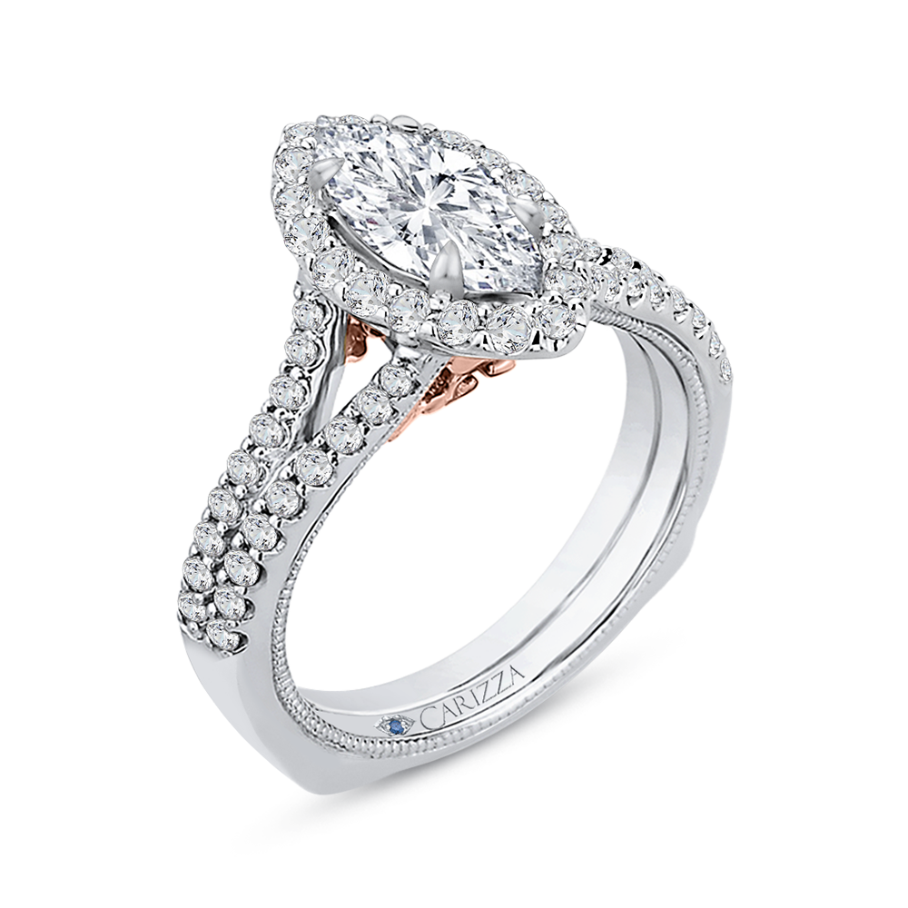14K White Gold Halo Split Shank Marquise Diamond Semi-Mount Ring CTW.