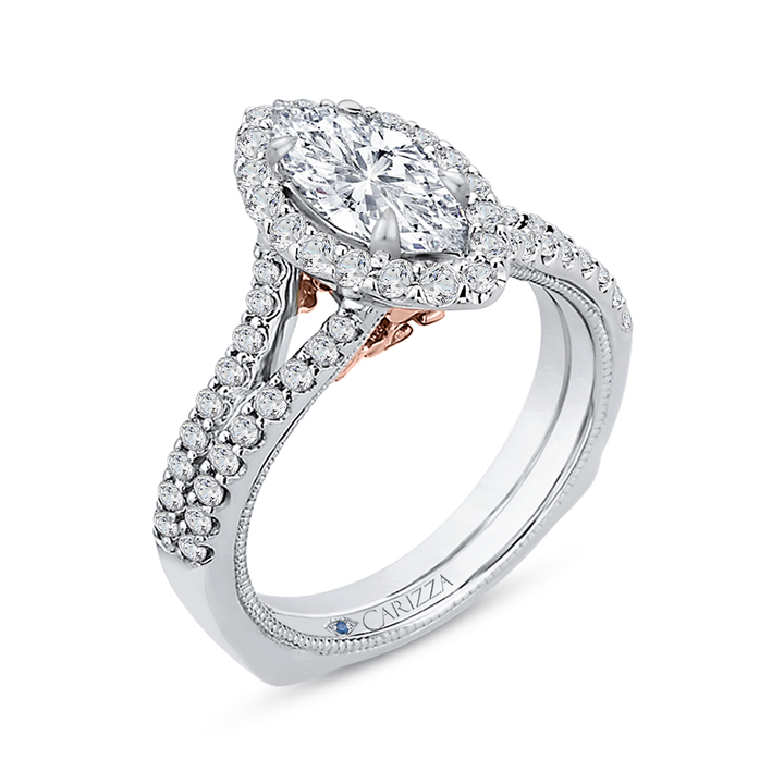 14K White Gold Halo Split Shank Marquise Diamond Semi-Mount Ring CTW.