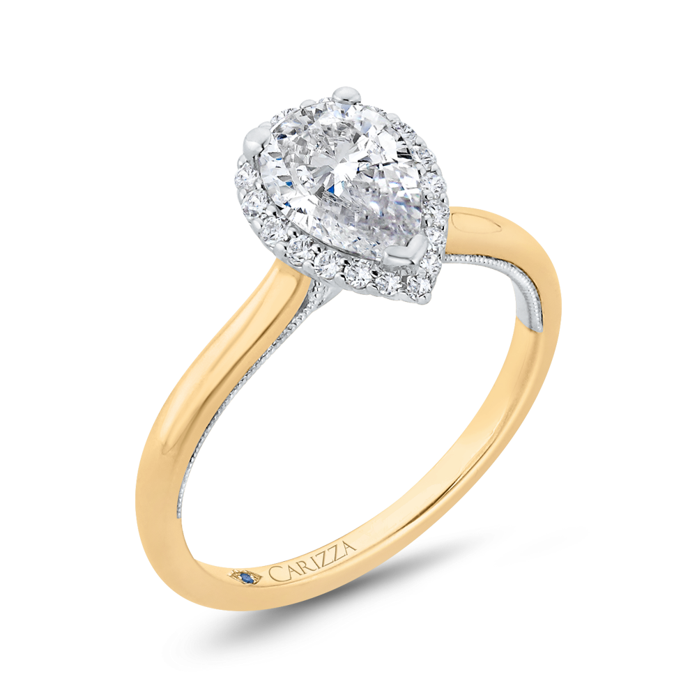 14K Yellow Gold Halo Straight Pear Diamond Semi-Mount Ring .20CTW.