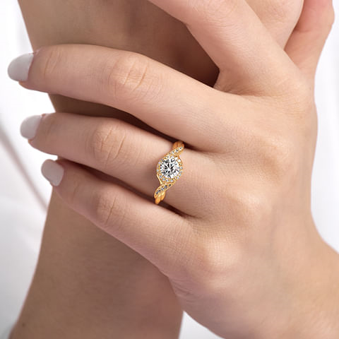 14K Yellow Gold Twist Halo Round Diamond Semi-Mount Ring .13CTW.