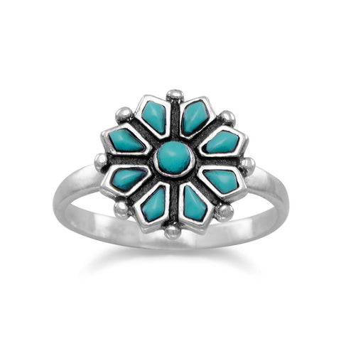 Sterling Silver Natural Turqouise Flower Fashion Ring