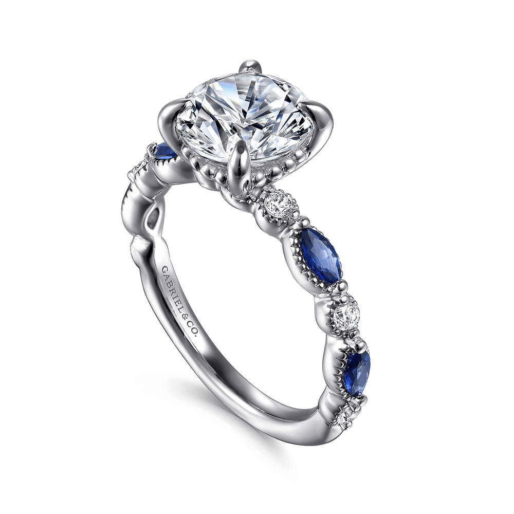 14K White Gold Accented Vintage Round Diamond and Sapphire Semi-Mount Ring 0.15CTW.