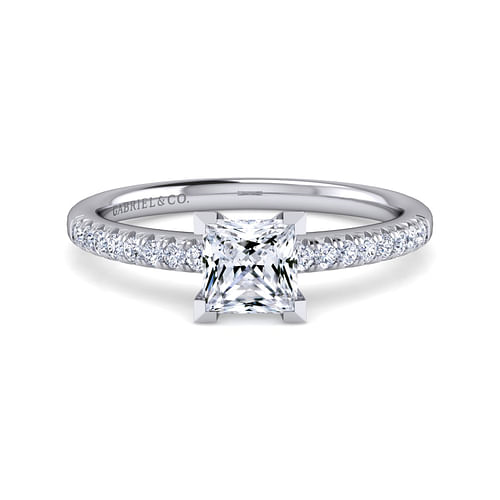 14K White Gold Straight Accented Princess Diamond Semi-Mount Ring CTW.