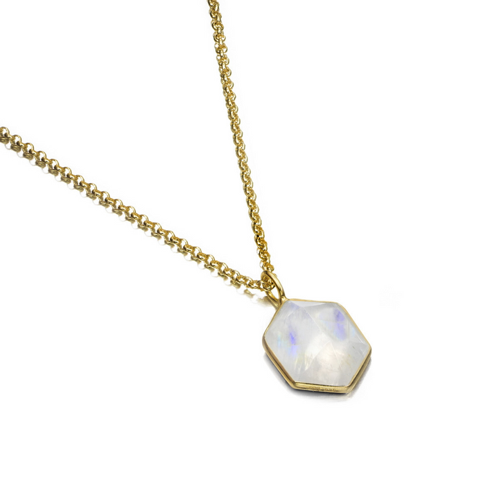 Rainbow Moonstone Hexagon Pendant in Sterling Silver with 18k Gold Vermeil