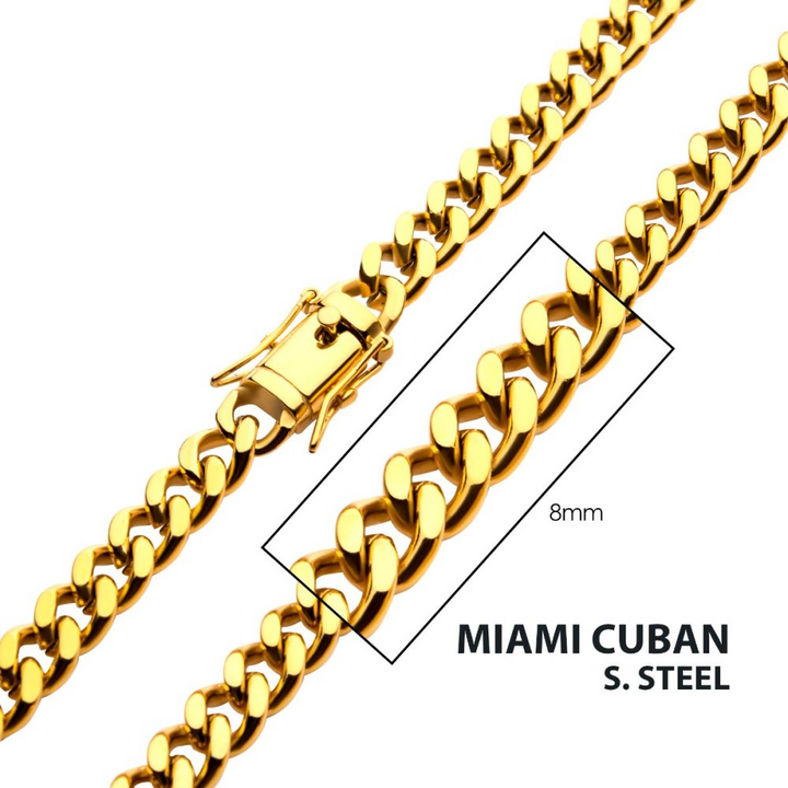 8mm 18Kt Gold IP Miami Cuban Chain Necklace 20"