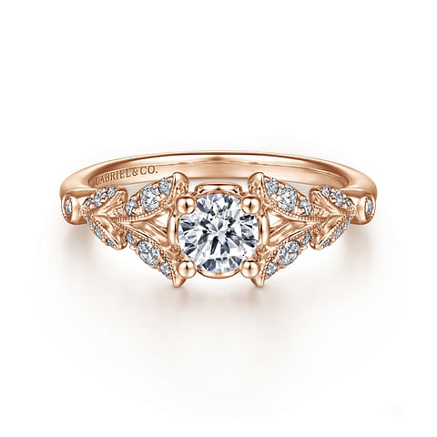 14K Rose Gold Vintage Floral Round Diamond Semi-Mount Ring .19CTW.