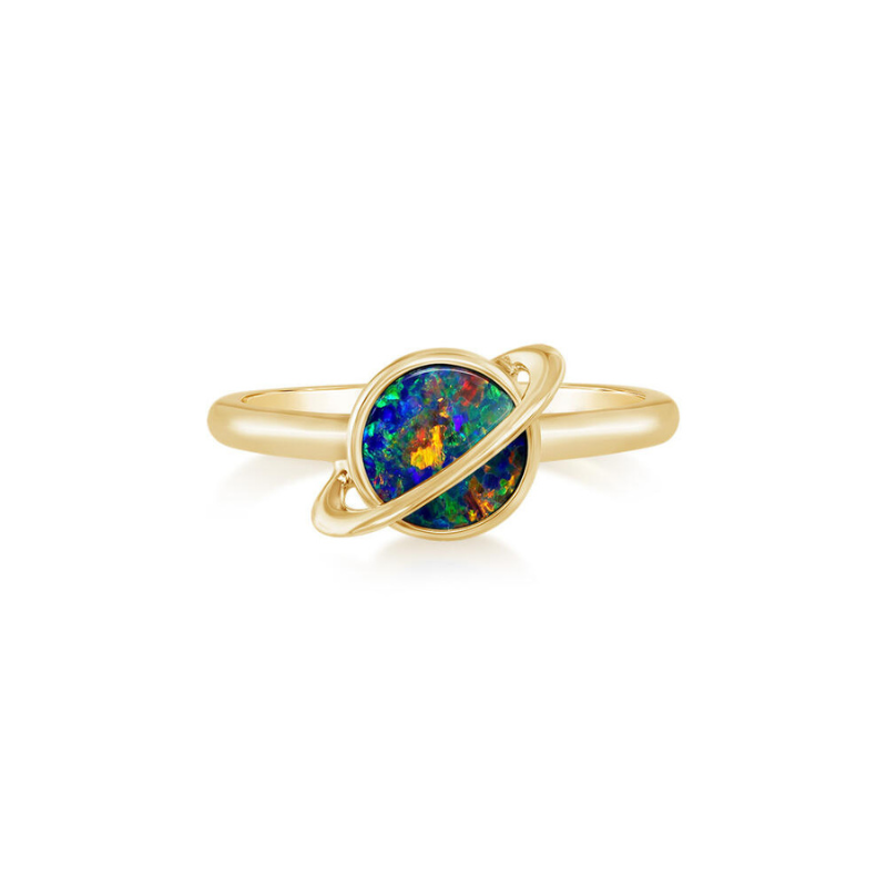 14K Yellow Gold Australian Opal Doublet Saturn Ring (0.90 tcw)