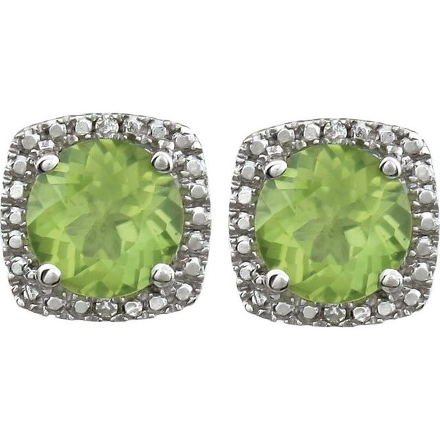 Natural Peridot Halo Stud Earrings in Sterling Silver with Diamond Accents (0.015 ctw)