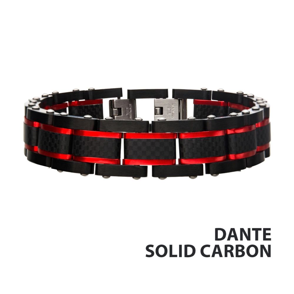 Dante - Black & Red Steel Matte Carbon Fiber & Link Sizeable Bracelet