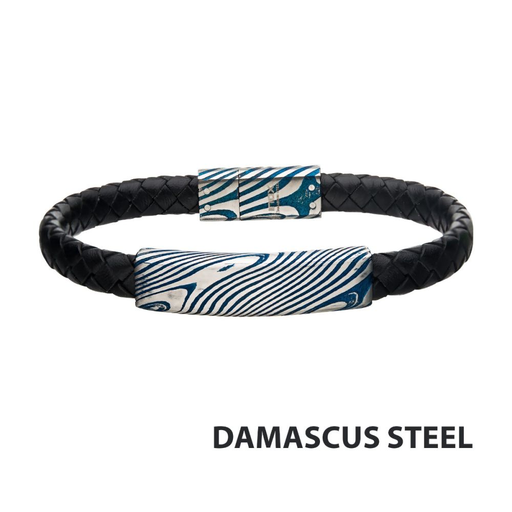 Black Leather Bracelet with Blue IP Damascus Steel Plate