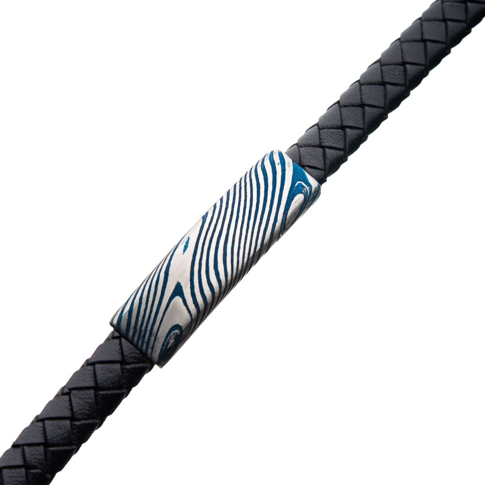 Black Leather Bracelet with Blue IP Damascus Steel Plate