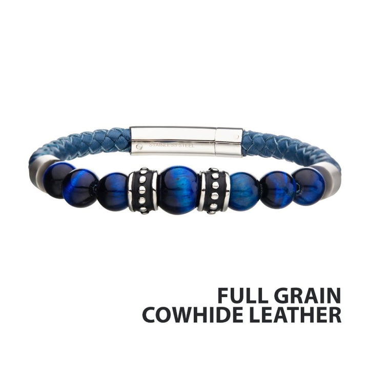 Blue Genuine Full Grain Cowhide Leather with Steel & Blue Tiger Eye Beads Bracelet