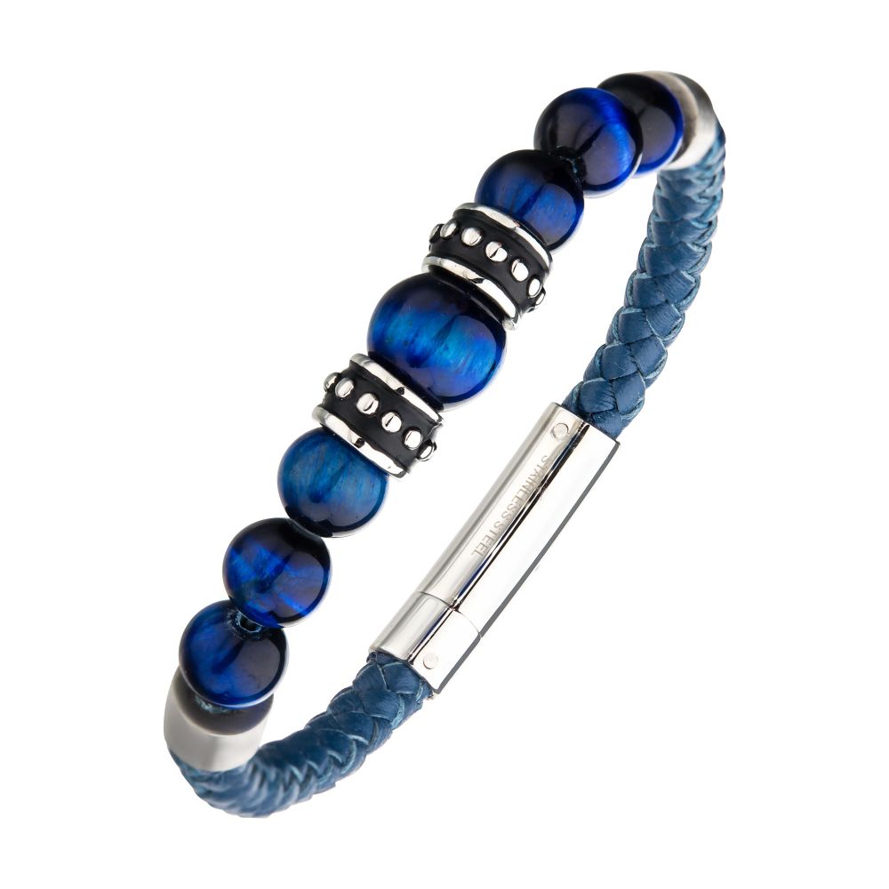 Blue Genuine Full Grain Cowhide Leather with Steel & Blue Tiger Eye Beads Bracelet