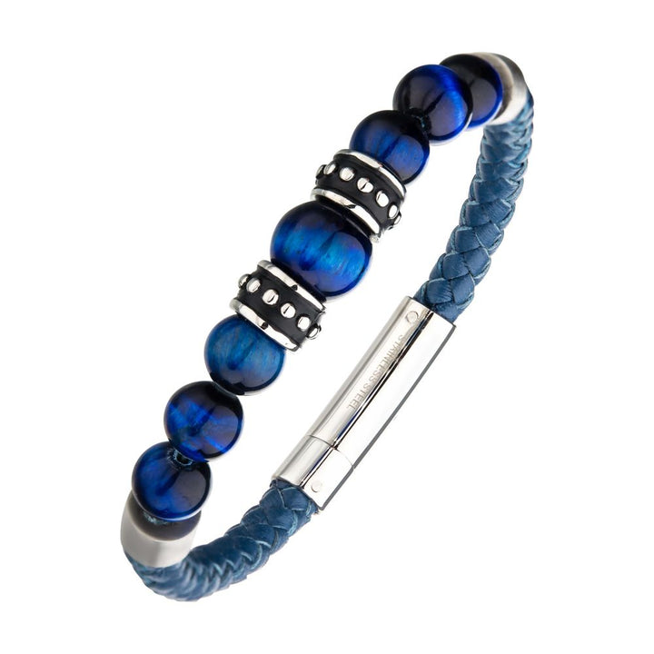 Blue Genuine Full Grain Cowhide Leather with Steel & Blue Tiger Eye Beads Bracelet