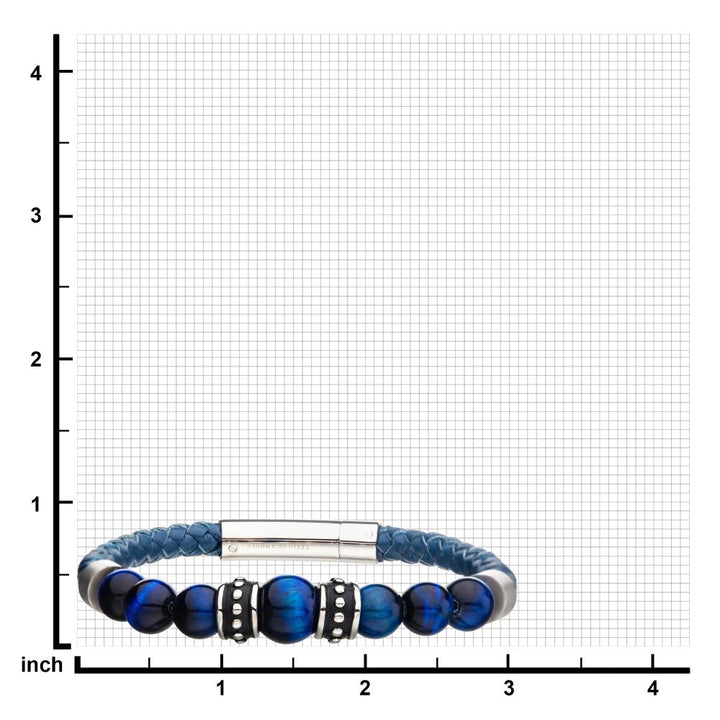 Blue Genuine Full Grain Cowhide Leather with Steel & Blue Tiger Eye Beads Bracelet