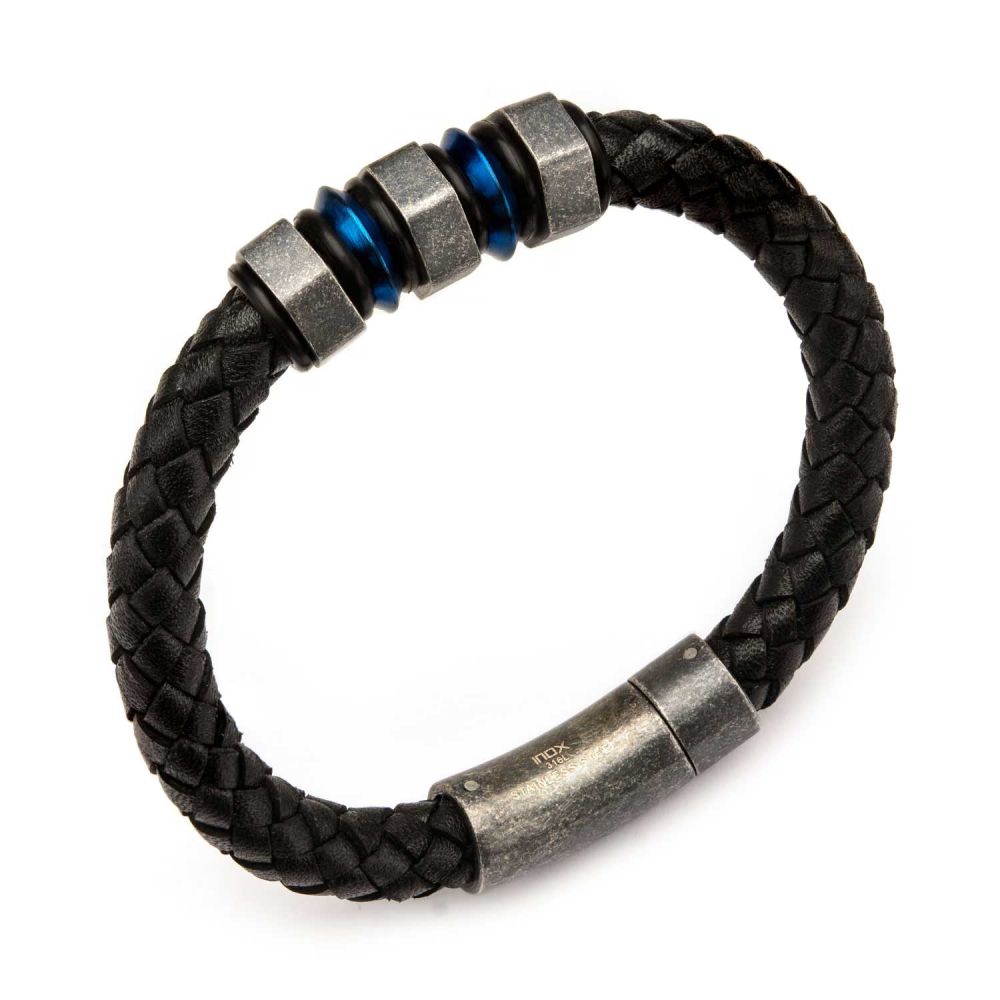 Black Braided Full Grain Cowhide Leather with Steel Blue IP & Gray Beads Bracelet