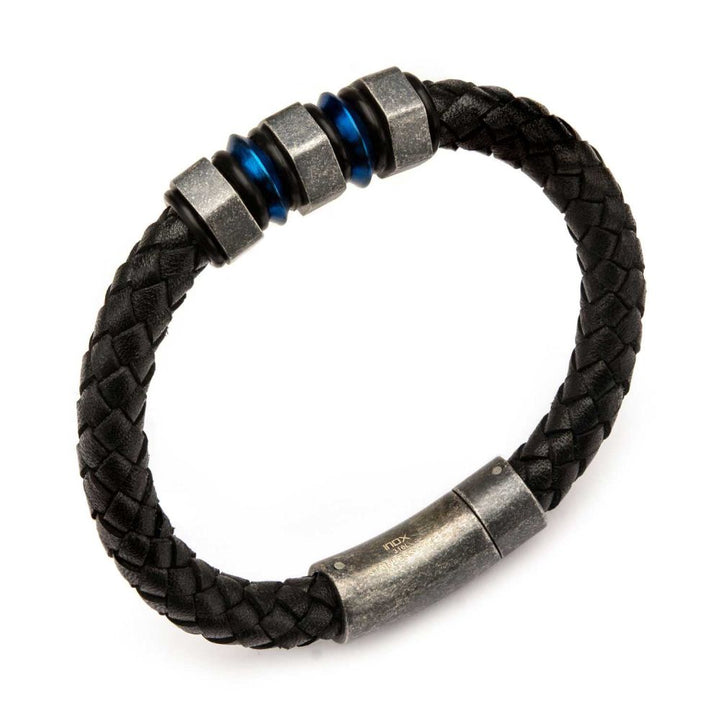 Black Braided Full Grain Cowhide Leather with Steel Blue IP & Gray Beads Bracelet