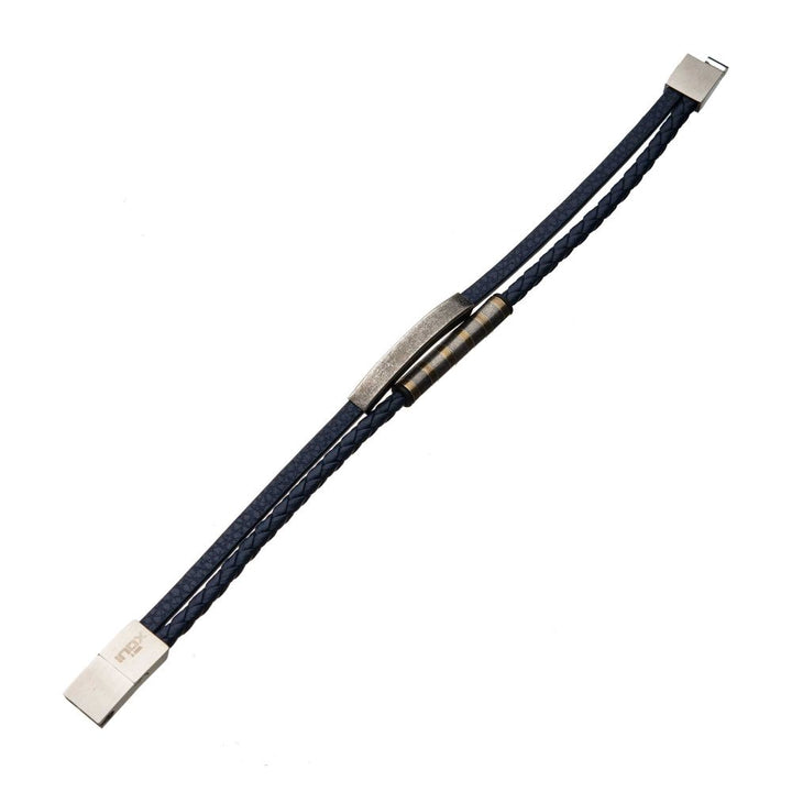 Blue Leather with Stainless Steel Bar Bracelet