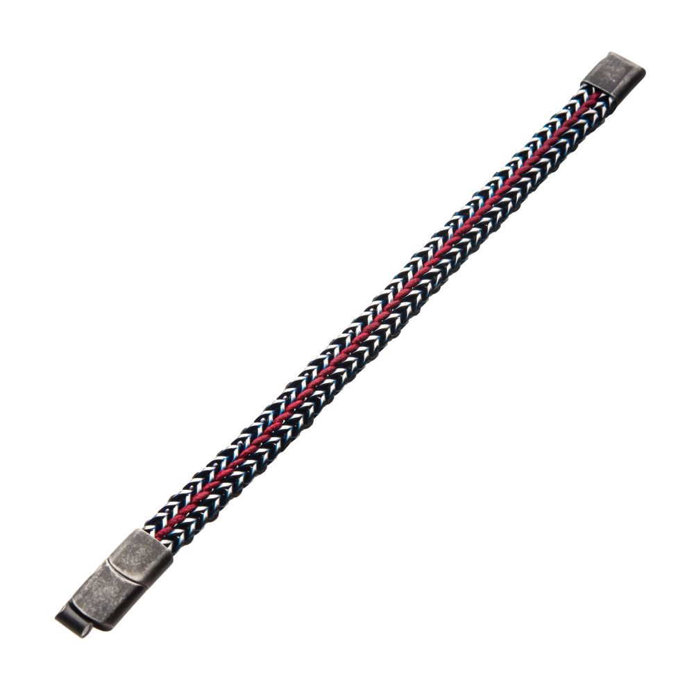 Antique Finish Blue IP Stainless Steel Foxtail Chain with Red Wax Cord Bracelet