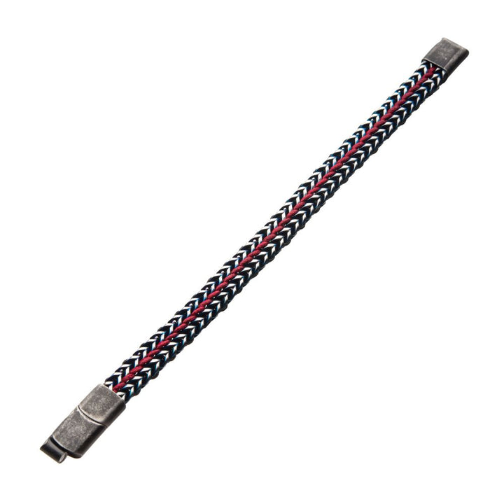 Antique Finish Blue IP Stainless Steel Foxtail Chain with Red Wax Cord Bracelet