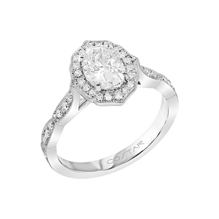 14K White Gold Vintage Halo Oval Diamond Semi-Mount Ring 0.21CTW.
