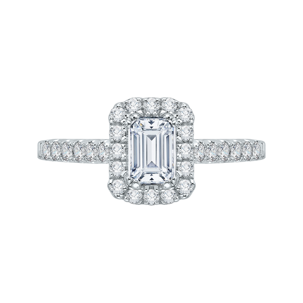14K White Gold Halo Accented Emerald Diamond Semi-Mount Ring .99CTW.