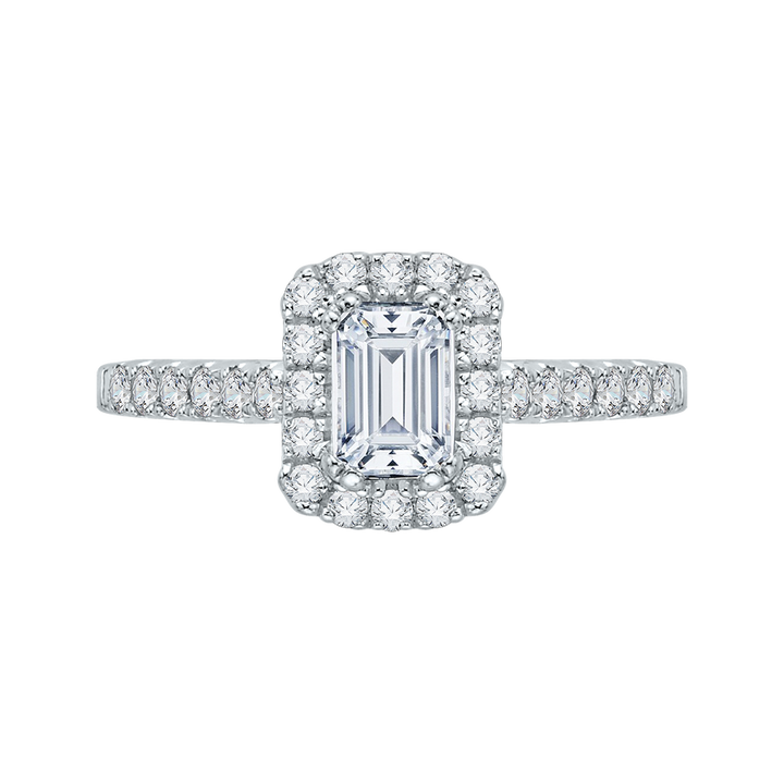 14K White Gold Halo Accented Emerald Diamond Semi-Mount Ring .99CTW.