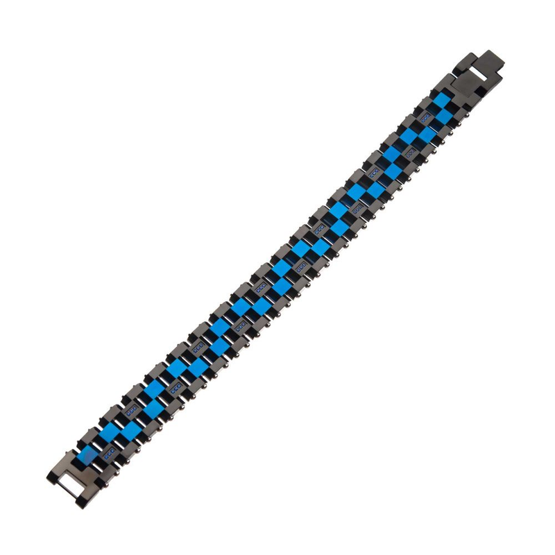 Men's Blue & Black Stainless Steel CZ Link Bracelet