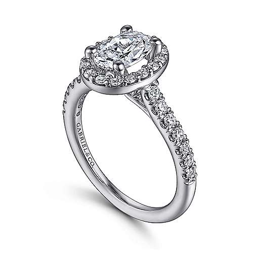 14K White Gold Halo Accented Oval Diamond Semi-Mount Ring 0.53CTW.