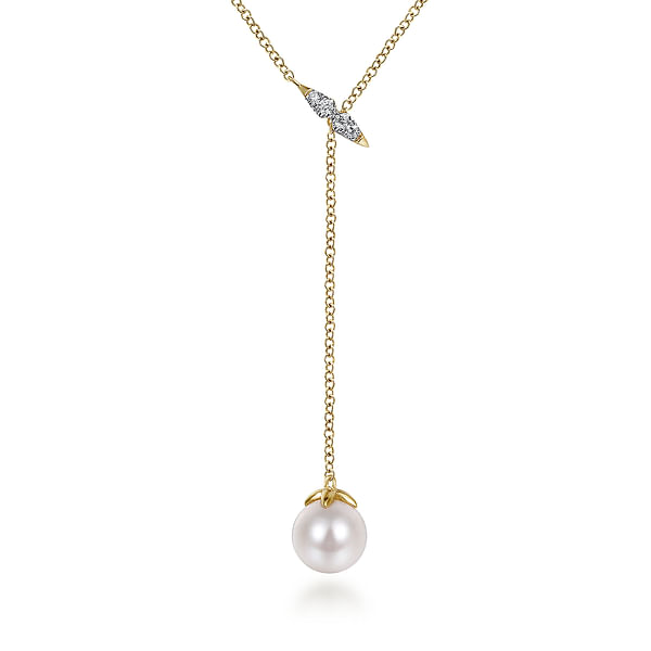 14K Yellow Gold Pearl Drop Necklace with .05CTW.