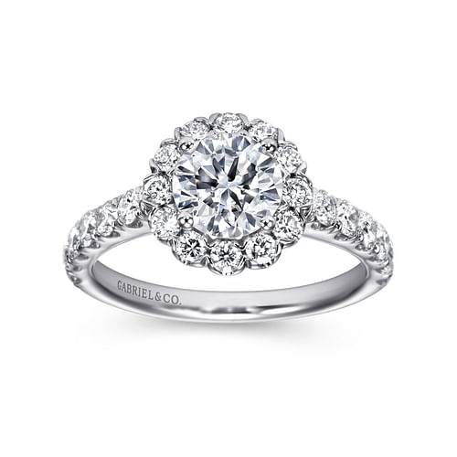 14K White Gold Accented Halo Round Diamond Semi-Mount Ring .79CTW.