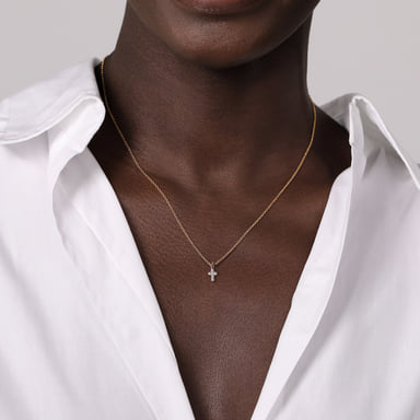 14K White & Yellow Gold Diamond Cross Pendant Necklace (0.03 ctw)