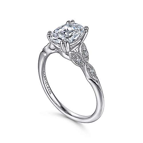 14K White Gold Floral Leaf Oval Diamond Semi-Mount Ring CTW.
