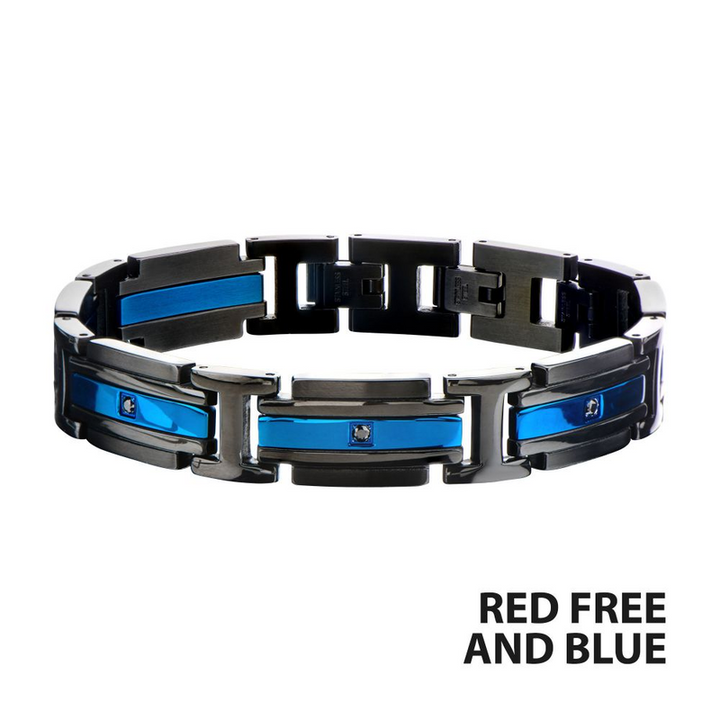 Matte Black & Blue Stainless Steel CZ Link Bracelet