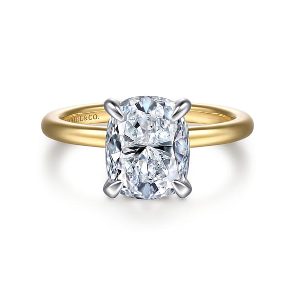 14K White-Yellow Gold Hidden Halo Elongated Cushion Diamond Engagement Ring (0.06 ctw)