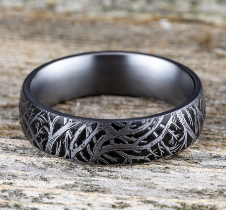 Dark Gray Tantalum Tree Pattern Comfort Fit 6mm Wedding Band