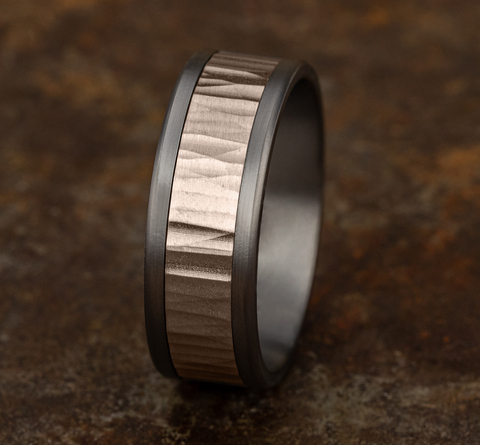 14K Rose Gold and Tantalum Hammer Comfort Fit 8mm Wedding Band