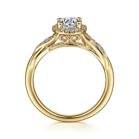14K Yellow Gold Twist Halo Round Diamond Semi-Mount Ring .13CTW.