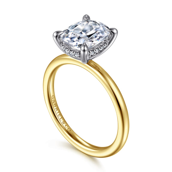 14K White-Yellow Gold Hidden Halo Elongated Cushion Diamond Engagement Ring (0.06 ctw)