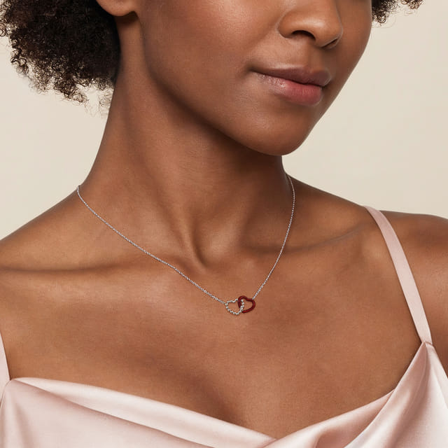 Sterling Silver Double Heart Pendant Necklace with Chrome Red Enamel