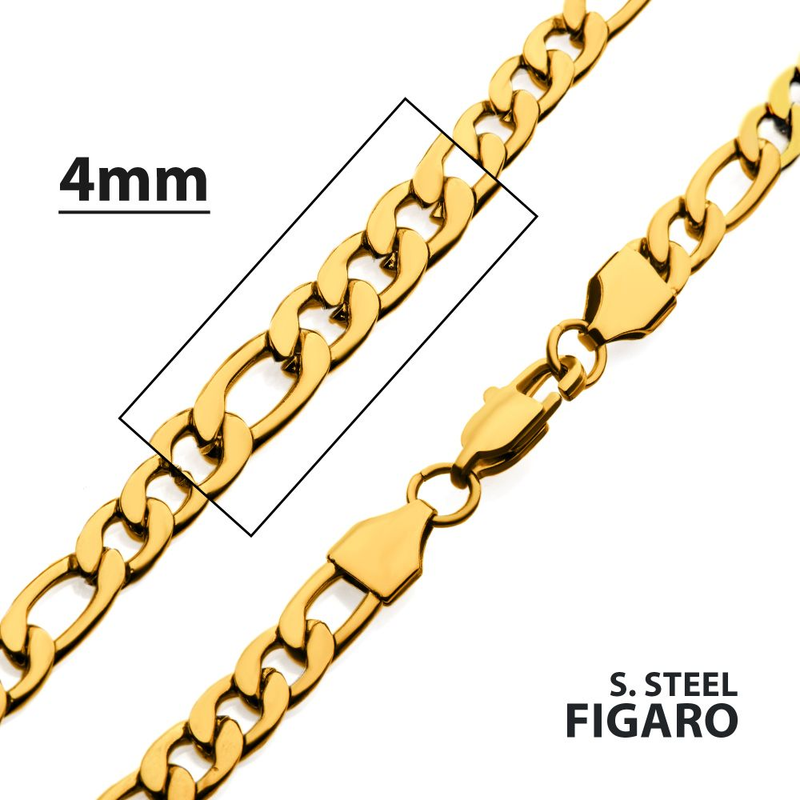 18K 4mm Gold Ion-Plated Figaro Chain Necklace (24")