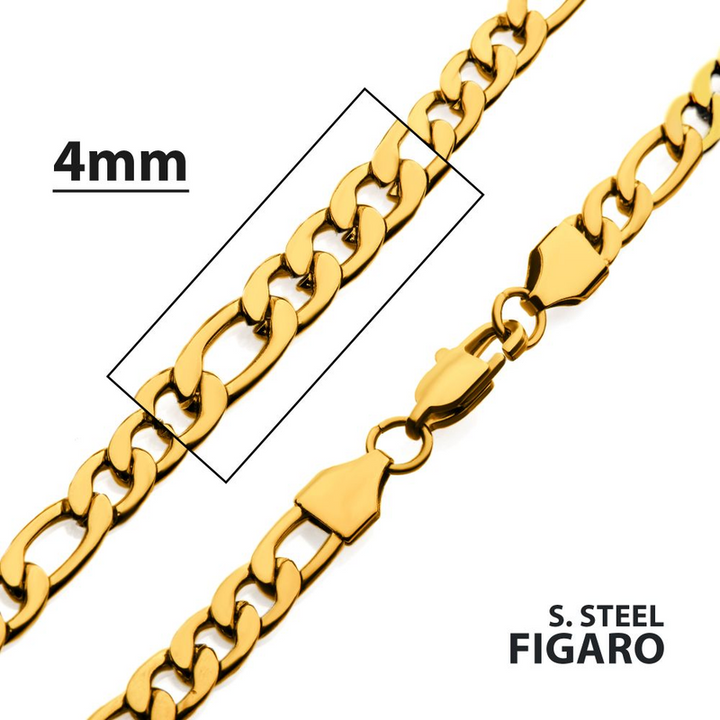 18K 4mm Gold Ion-Plated Figaro Chain Necklace (24")