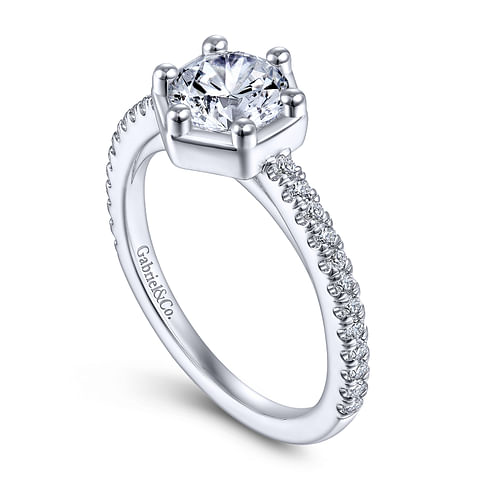 14K White Gold Hexagon Accented Round Diamond Semi-Mount Ring .21CTW.