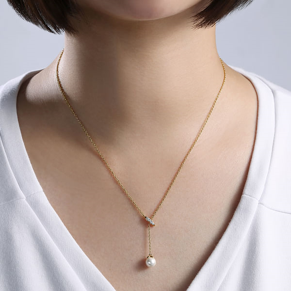 14K Yellow Gold Pearl Drop Necklace with .05CTW.