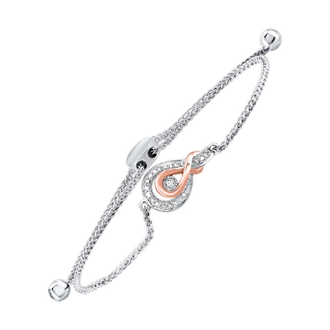 Sterling Silver and 10K Rose Gold .05CTW. Natural Diamond Bolo Bracelet