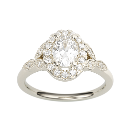 14K White Gold Floral Halo Oval Diamond Semi-Mount Ring .15CTW.