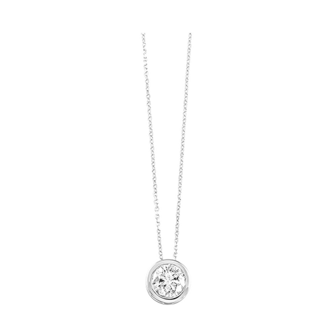 14K White Gold 0.25CTW. Natural Diamond Bezel Solitaire Pendant Necklace